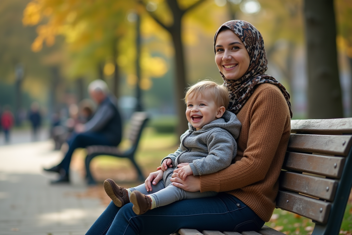 Mère et enfant riant sur un banc de parc en plein air