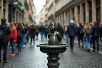 La célèbre statue du Manneken Pis à Bruxelles entourée de touristes dans une ruelle pavée du centre historique
