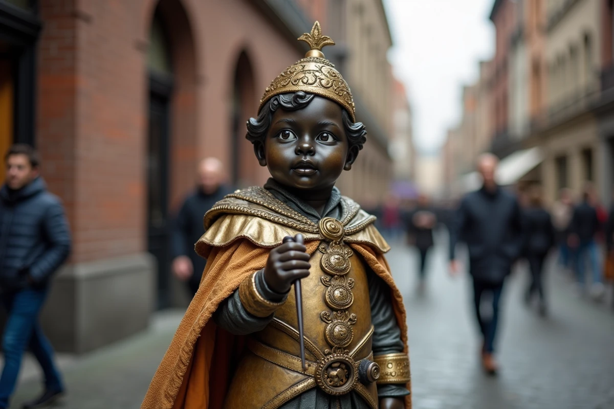 Gros plan sur le Manneken Pis habillé d'un costume cérémoniel brodé au cœur de Bruxelles