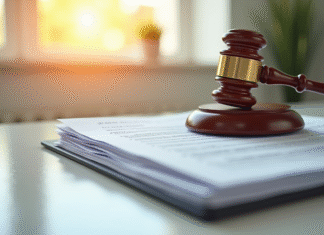 Marteau de justice sur des documents légaux en bureau lumineux