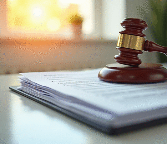 Marteau de justice sur des documents légaux en bureau lumineux