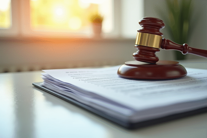 Marteau de justice sur des documents légaux en bureau lumineux