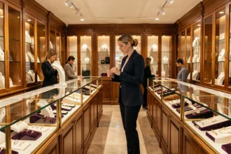 Intérieur d'une bijouterie élégante dans les Yvelines avec vitrines de bijoux et vendeuse
