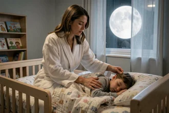 Mère veillant son enfant agité la nuit de pleine lune dans une chambre d'enfant apaisante
