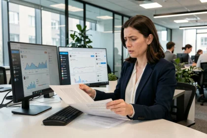 Professionnelle de la communication analysant une politique de modération des réseaux sociaux dans un bureau moderne