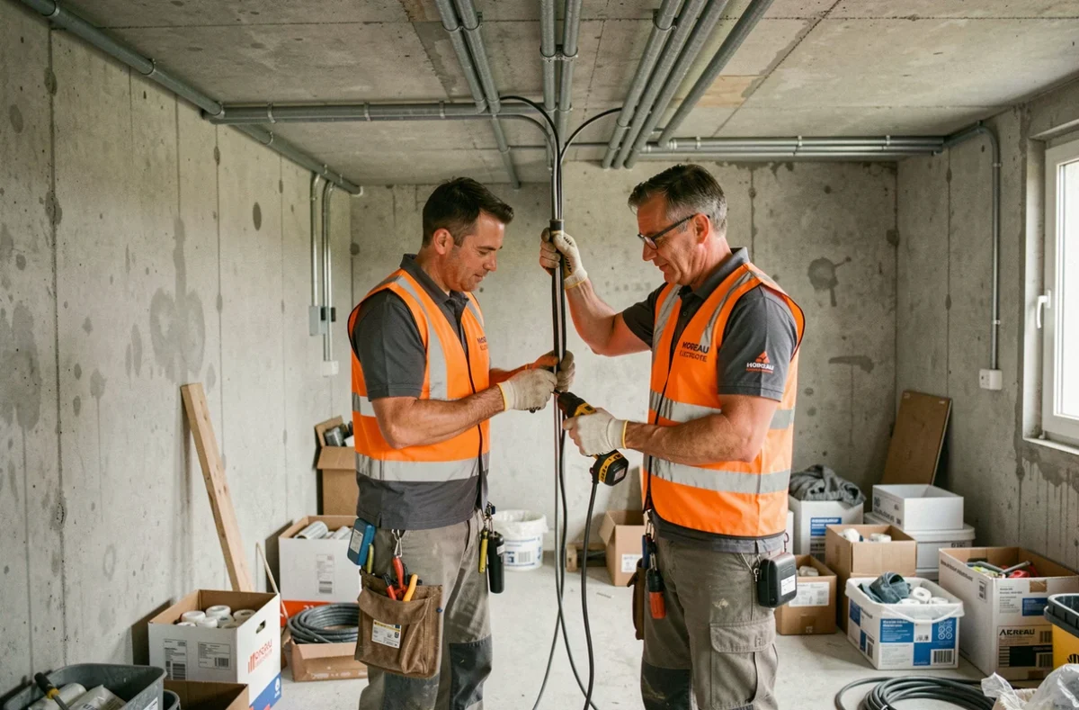 Deux électriciens de Moreau Electricité collaborant sur un chantier de rénovation commerciale à Tours