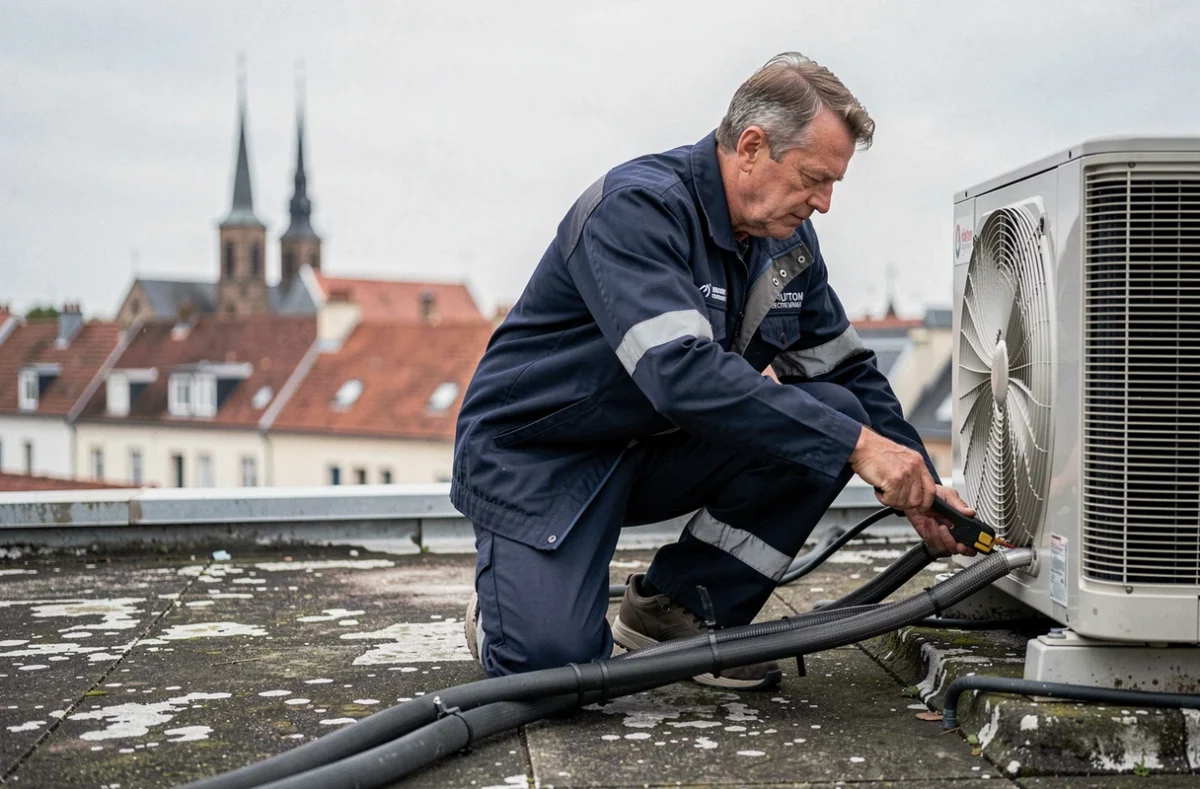 Électricien de Mouton Electricité Générale installant un conduit électrique sur un toit avec la ville de Tours en arrière-plan