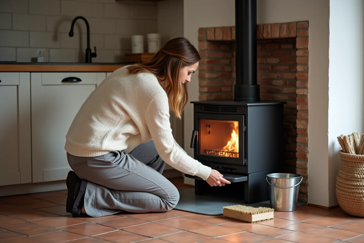 Femme vidant le tiroir à cendres d'une poêle à pellets dans une maison de Caen