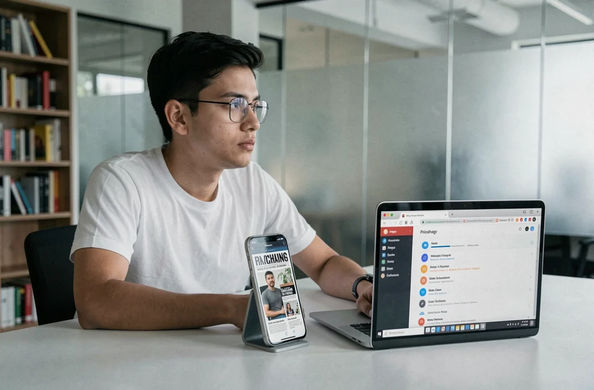 Jeune adulte utilisant Niodle sur mobile dans un espace de coworking avec outils de protection de la vie privée