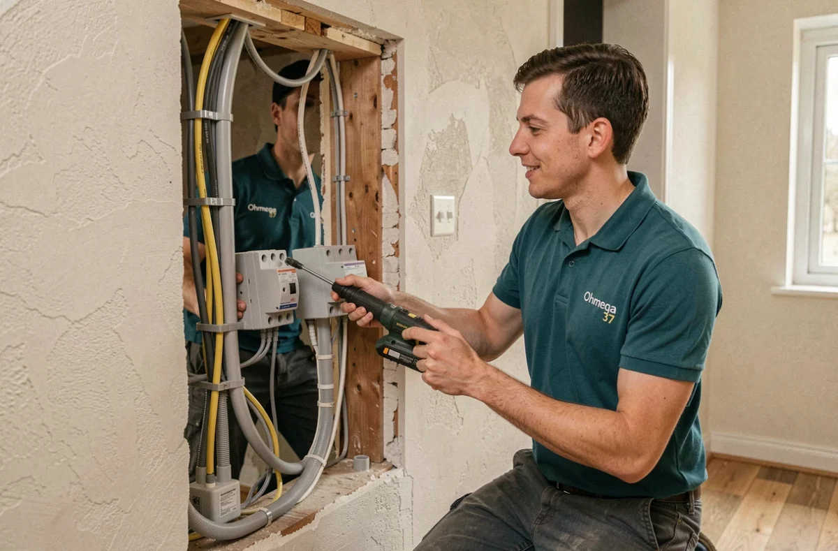 Deux techniciens d'Ohmega 37 réalisant une mise aux normes électrique dans une maison pavillonnaire près de Tours