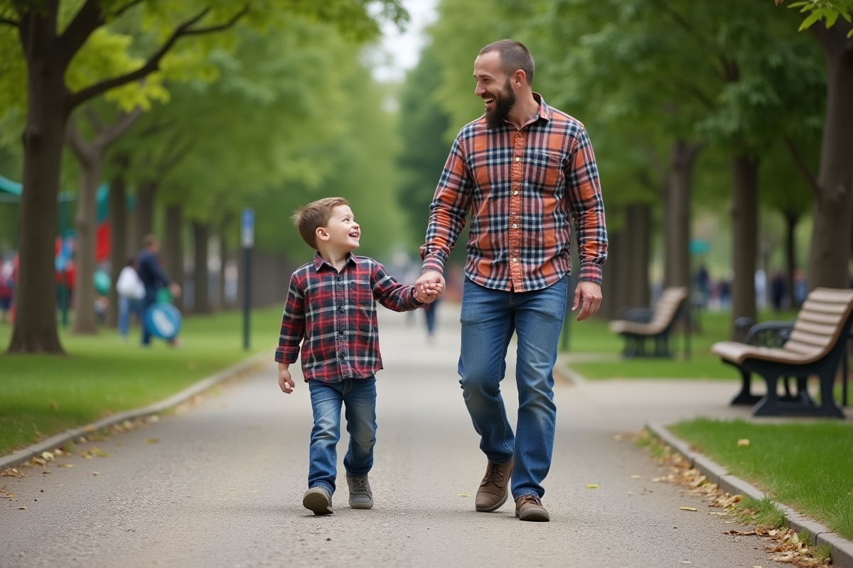Pere et jeune fils marchant dans un parc en riant