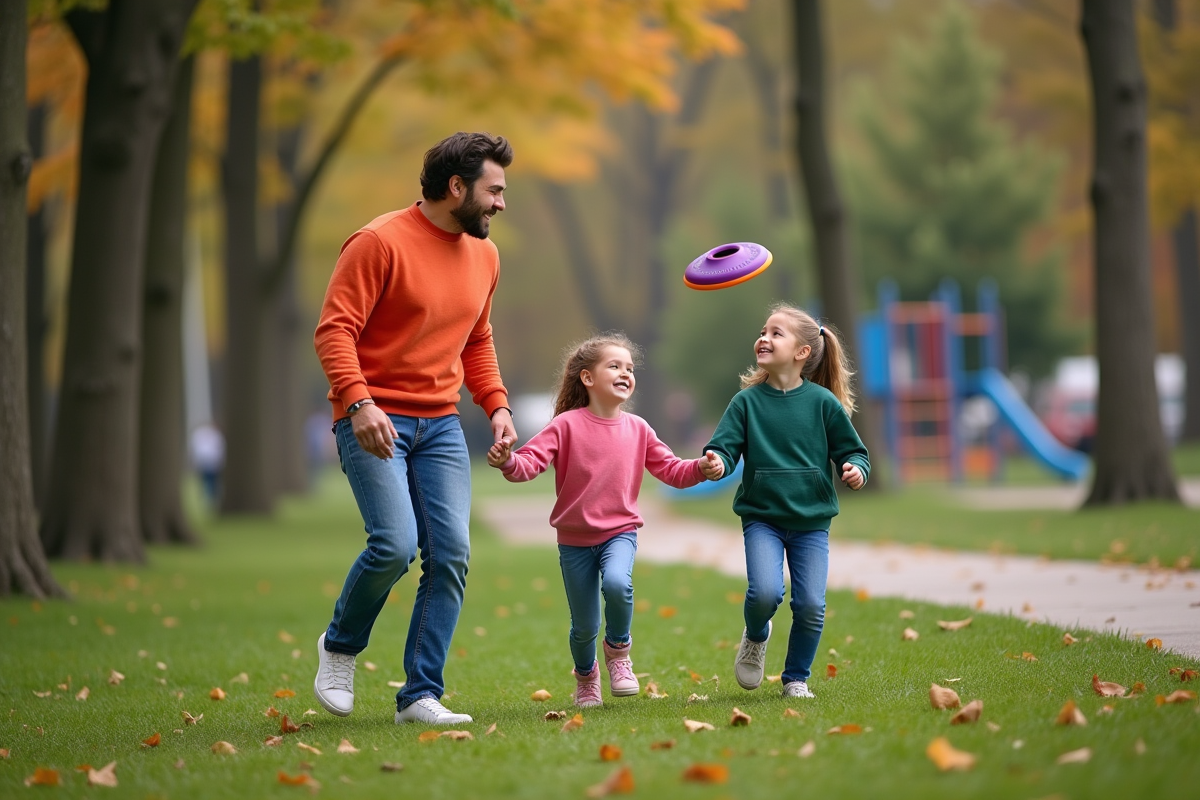 Père et ses filles jouant au frisbee dans un parc