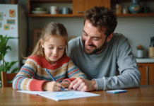 Enseigner l’essentiel aux enfants : quelle priorité pour les parents ? Père et fille dessinant à la maison dans la cuisine chaleureuse