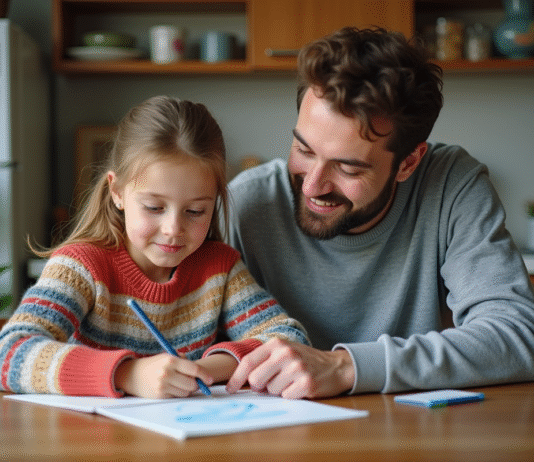 Enseigner l’essentiel aux enfants : quelle priorité pour les parents ? Père et fille dessinant à la maison dans la cuisine chaleureuse