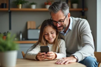 Père et fille regardant un smartphone dans la cuisine familiale