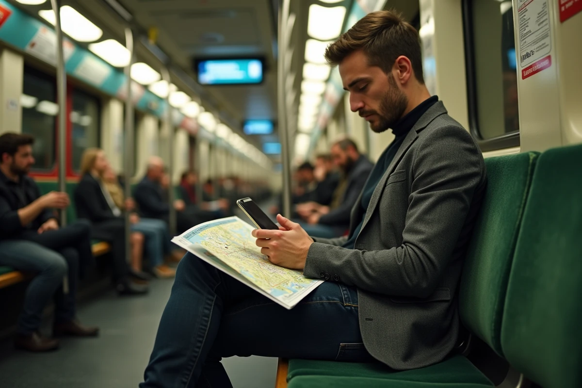 Passager consultant le plan de la ligne 10 du métro à bord d'une rame sur le réseau parisien