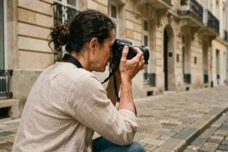 Photographe professionnelle en train de shooter dans les rues de Bordeaux, appareil photo en main, décor architectural de la Nouvelle-Aquitaine