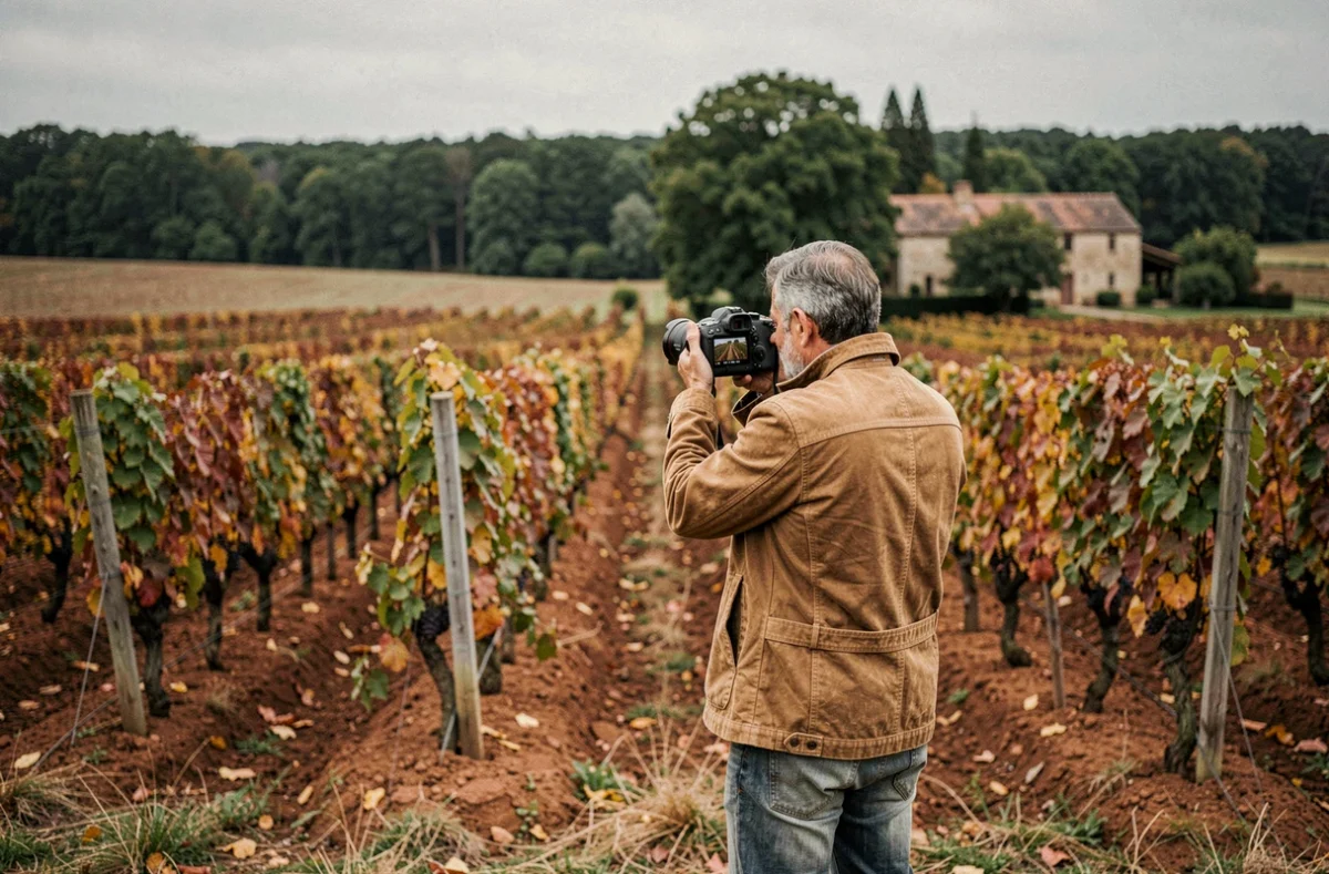 Photographe masculin en vignoble de Dordogne consultant ses clichés, paysage rural de Nouvelle-Aquitaine à l'automne