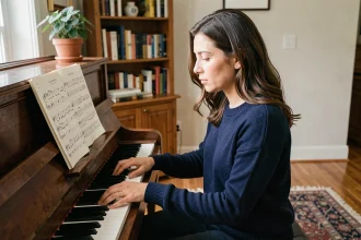 Pianiste adulte lisant une partition avec des armures à bémols posée sur un pupitre, assise devant un piano droit dans un salon musical chaleureux