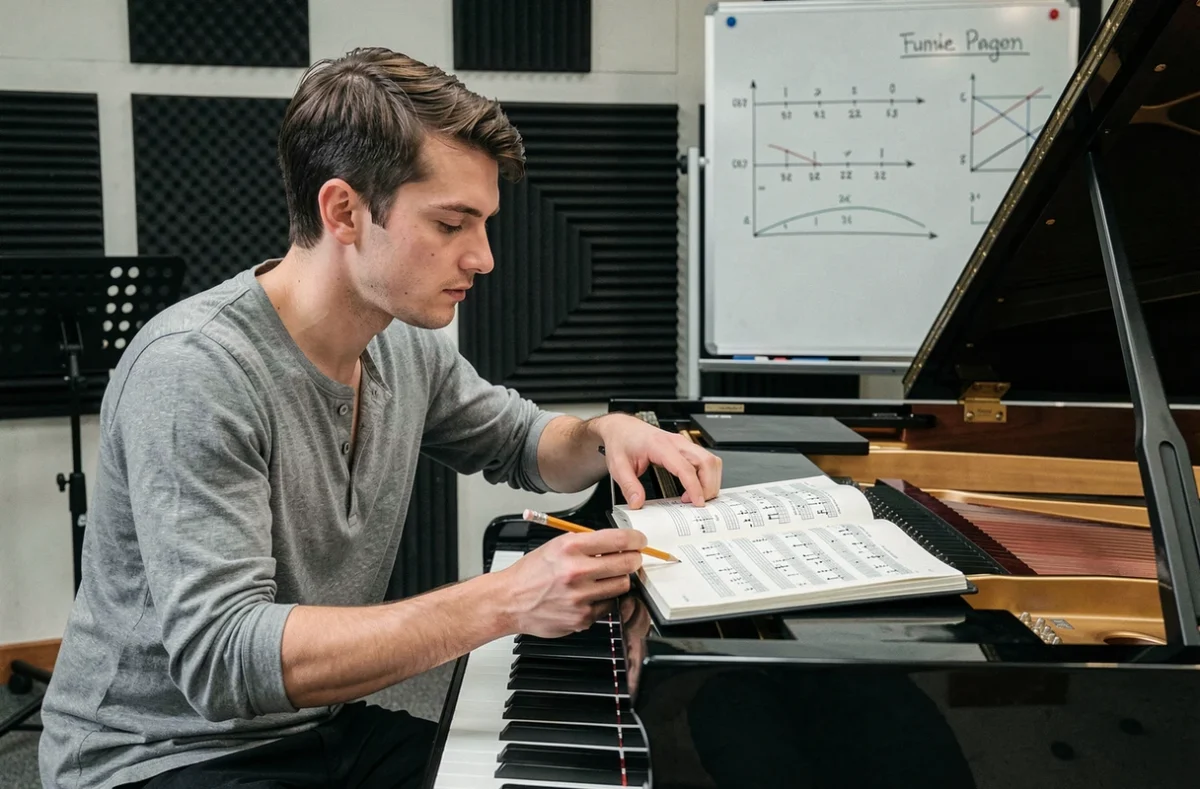 Jeune pianiste en studio de répétition consultant un livre de théorie musicale ouvert sur les armures à bémols, posé sur le couvercle d'un piano à queue