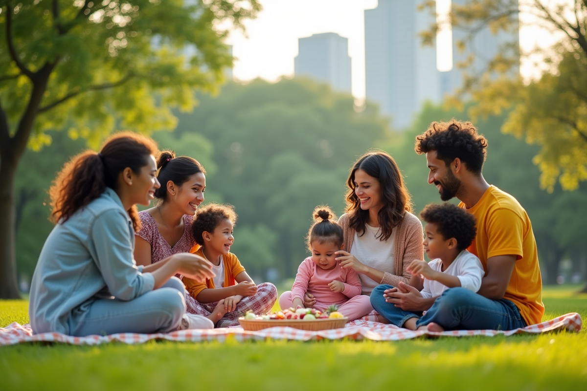 Famille diverse profitant d