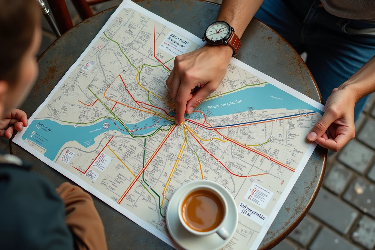 Plan du métro parisien ligne 10 déplié sur une table de café avec une main traçant l'itinéraire rive gauche