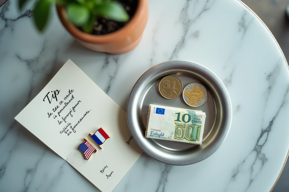 Vue en plongée d'un plateau à pourboire avec pièces en euros, reçu en français et drapeaux français et américain illustrant la nuance linguistique entre tip et pourboire