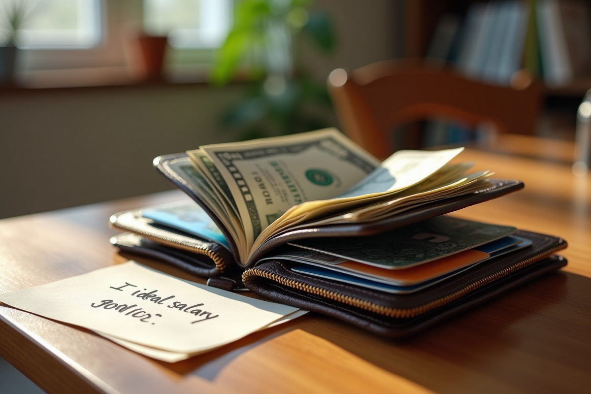 Portefeuille ouvert avec billets et cartes sur une table en bois