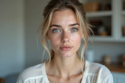 Portrait en gros plan d'une femme aux yeux bleus naturels, illustrant la rareté de cette couleur d'iris dans la population mondiale