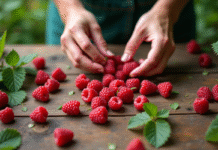 Mains de jardinier préparant des framboises sur une table en bois