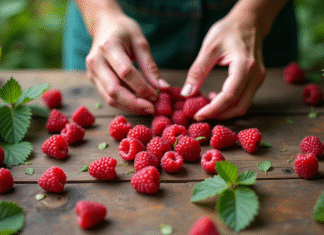 Bouture de framboisier : les erreurs à éviter Mains de jardinier préparant des framboises sur une table en bois