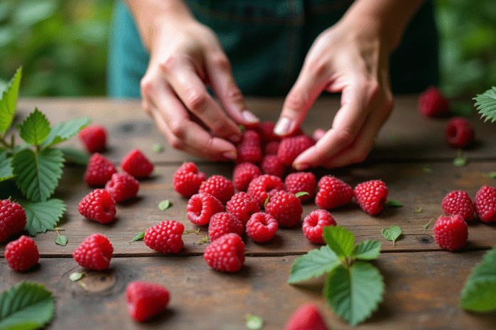 Mains de jardinier préparant des framboises sur une table en bois