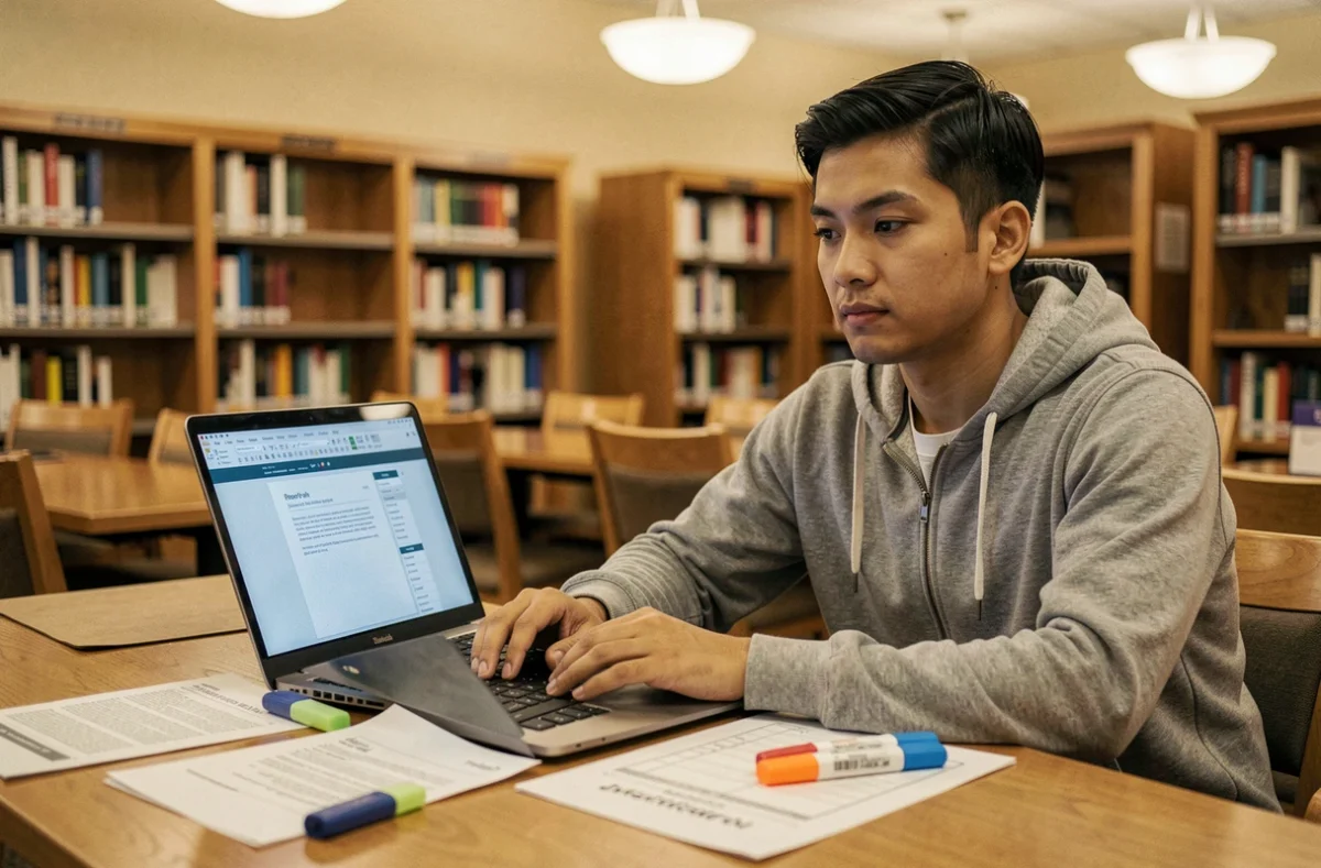 Jeune homme s'entraînant aux questions de naturalisation avec un PDF sur ordinateur portable en bibliothèque