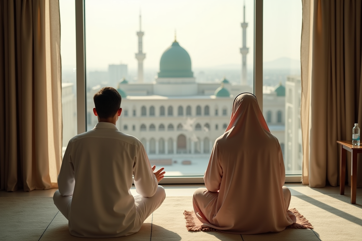 Jeune couple priant dans une chambre avec vue sur La Mecque