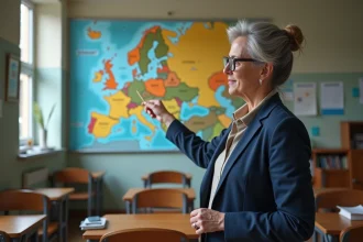 Professeure d'histoire désignant la frontière Est-Ouest sur une carte murale des Länder allemands en salle de classe