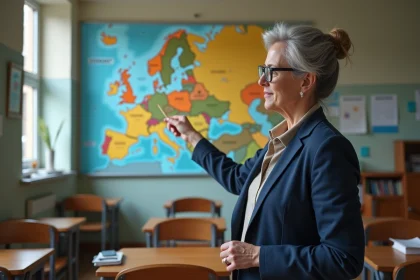 Professeure d'histoire désignant la frontière Est-Ouest sur une carte murale des Länder allemands en salle de classe
