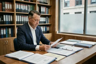 Professionnel en costume marine examinant des documents officiels dans un bureau institutionnel avec bibliothèque de dossiers administratifs