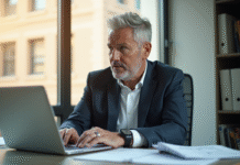 Professionnel confiant au bureau avec documents financiers