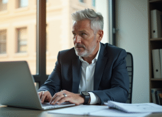 Salaire idéal à 40 ans : Comment le déterminer efficacement ? Professionnel confiant au bureau avec documents financiers