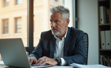 Professionnel confiant au bureau avec documents financiers