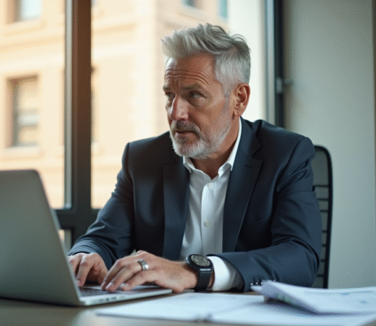 Professionnel confiant au bureau avec documents financiers