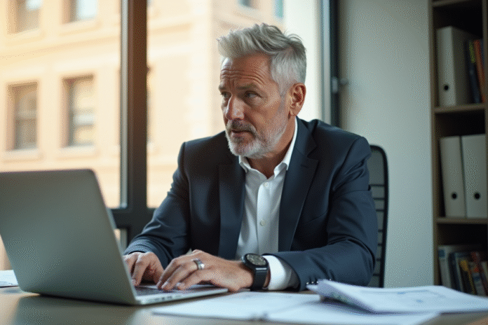 Professionnel confiant au bureau avec documents financiers