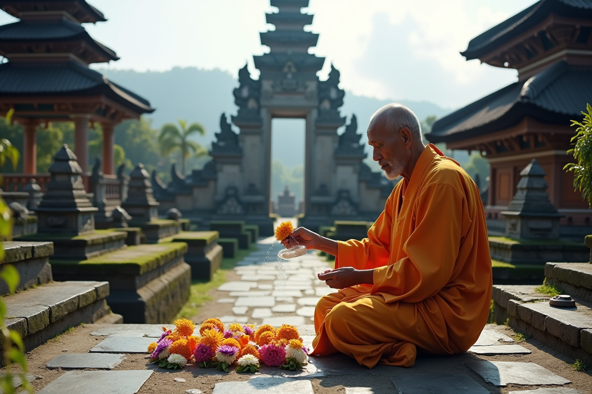 Prêtre balinais âgé versant de l