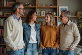 Quatre parents souriants dans un salon chaleureux