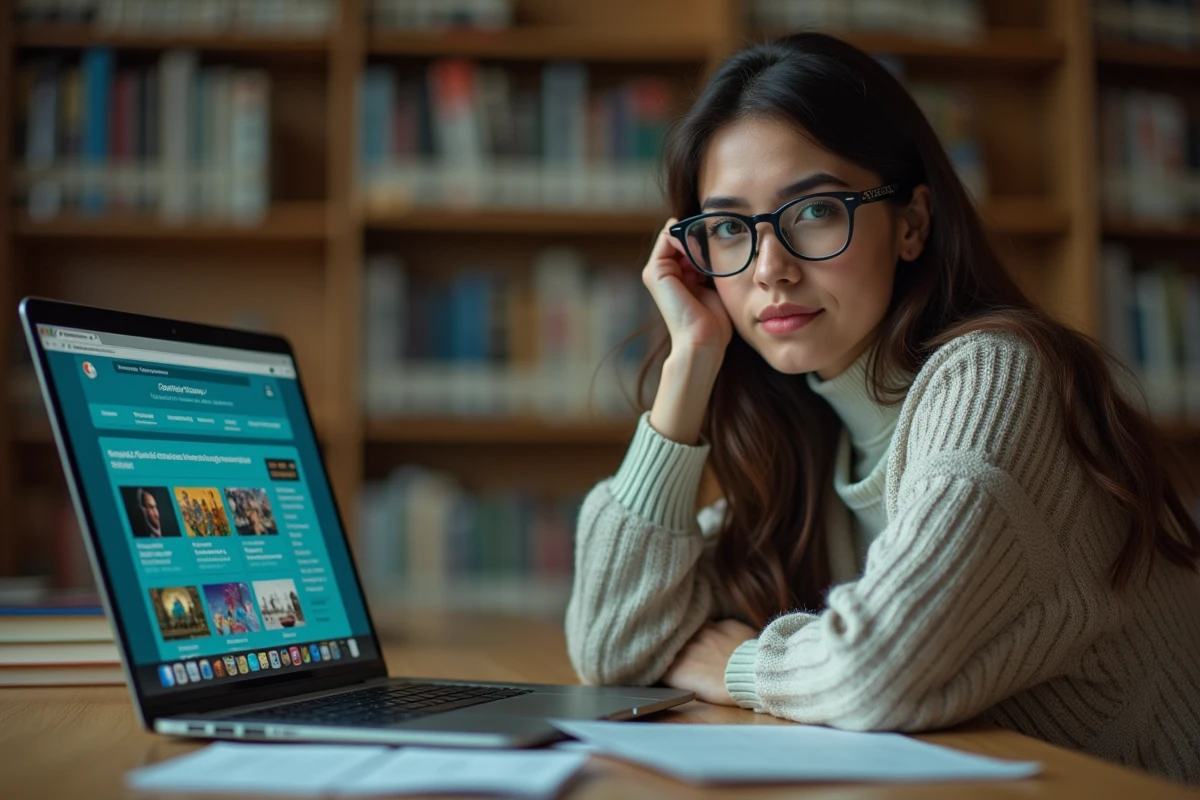 Femme aux lunettes explorant les archives du forum JVC sur un ordinateur portable dans une bibliothèque, entourée de livres sur l'histoire du jeu vidéo