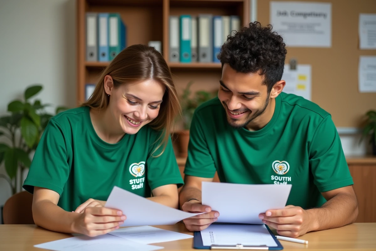 Deux recruteurs en animation jeunesse évaluant des candidatures et des compétences clés dans un bureau associatif