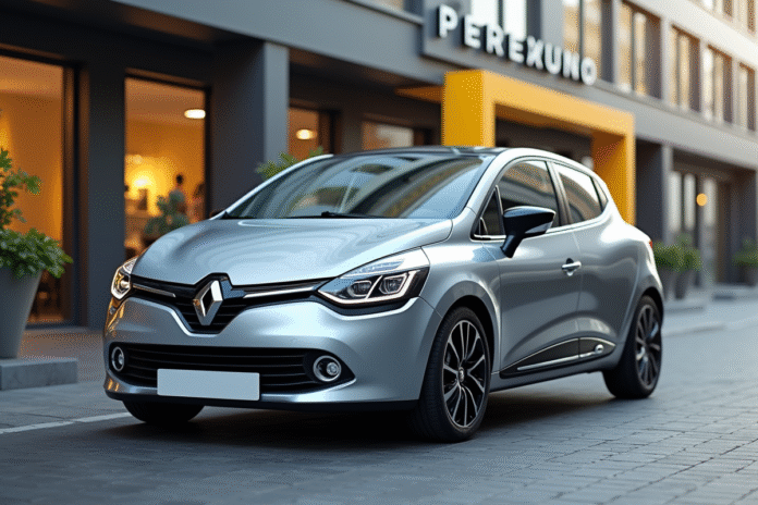 Renault Clio neuve devant concession moderne en ville