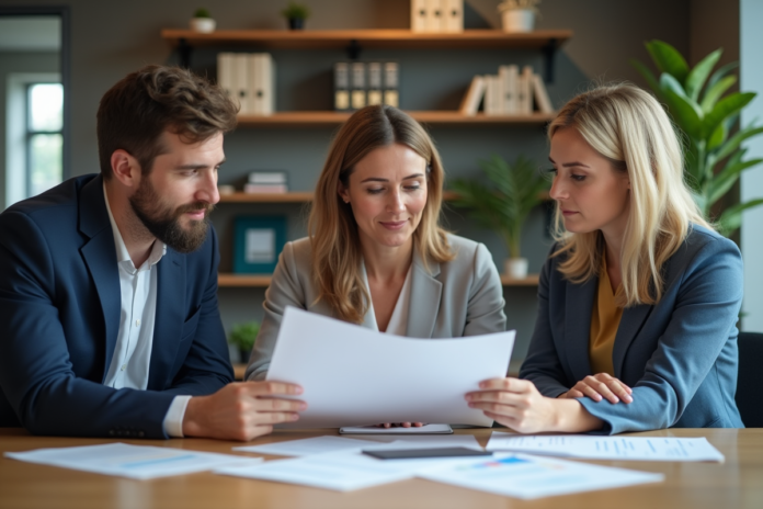 Femme élégante avec collègues autour d'une table avec dossiers colorés