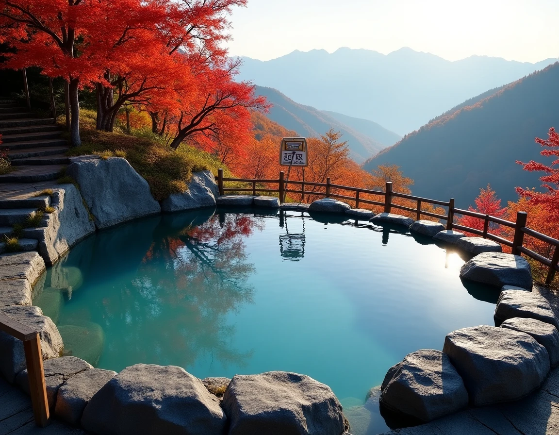 Bain thermal japonais en plein air entouré de feuillage automnal rouge et de montagnes