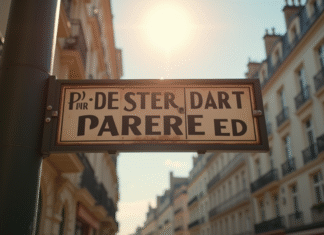 Panneau de rue parisien avec code postal visible en lumière naturelle